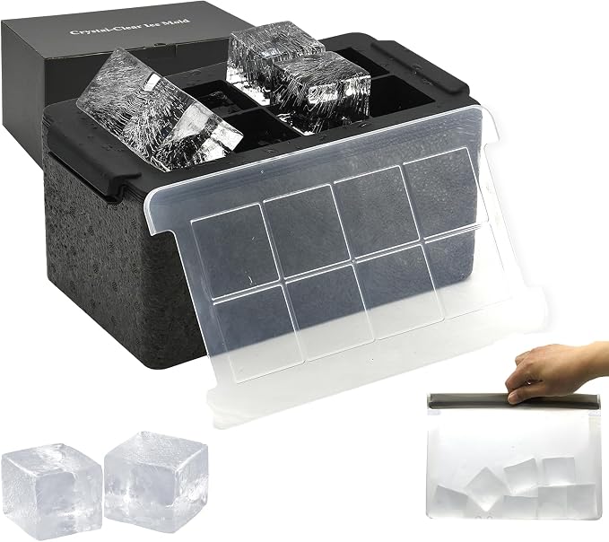 Bangp Crystal Clear Ice Cube Maker with Reusable Ice Storage Bag | Clear Ice Cube Mold with Lid Makes 8 Large 2" Square Pure Ice Cubes for Whiskey,Cocktails & Drinks,Whiskey Gifts for Men