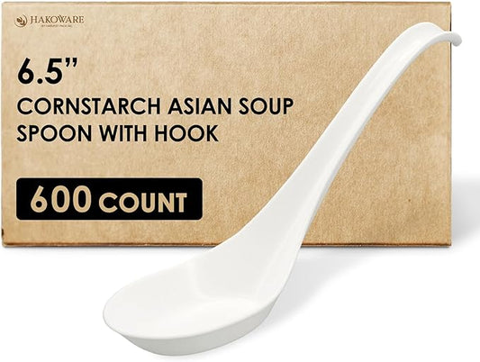 [600 COUNT] HAKOWARE Disposable Asian Soup Spoons with Hook, made from Crystalized Cornstarch, for Take-out Ramen Pho Noodles
