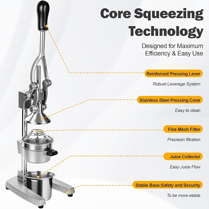 Manual Citrus Juicer Press, Heavy Duty Cast Iron Lemon Squeezer with Stainless Steel Cone, Commercial Hand Press Juicer for Orange, Lemon & Lime, Easy to Clean