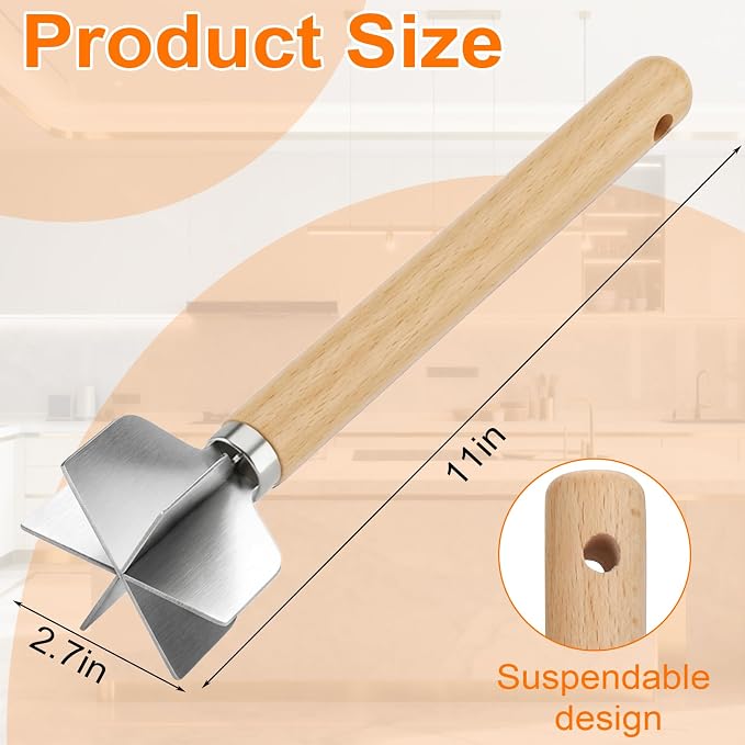 Palksky Ground Beef Masher, Stainless Steel Hamburger Smasher Tool with Wooden Handle, 6-Blade Heavy-Duty Kitchen Tool for Beef, Turkey, Potatoes & More
