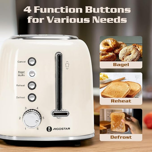 Aigostar Toaster 2 Slice, Retro Extra-Wide Slot Toasters Best Rated Prime for Toasting Bagels, Breads, Waffles & More, Cancel, Defrost & 6 Browning, Removable Crumb Tray, Stainless Steel, Cream White