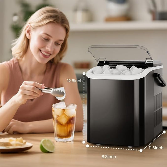 DUMOS Countertop Ice Maker with Handle, 26lbs/24H Portable Ice Machine, 9 Bullet Cubes Ready in 6 Mins, Self-Cleaning, Quiet Compact for Home, Kitchen, RV, Camping, Modern Black