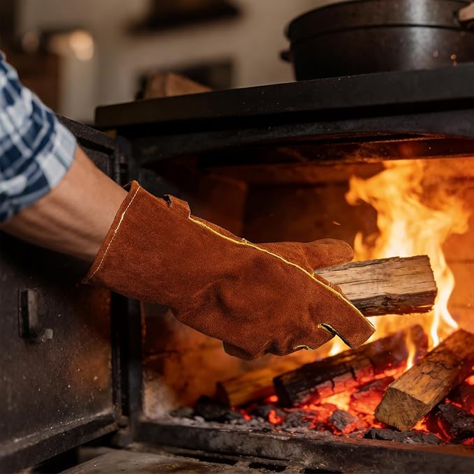 OZERO 932°F Heat Resistant Gloves: Welding Gloves Men Women, Brown, 14-Inch | 1.2 mm Split Cowhide, Reinforced Palm, Long Cuff, for MIG TIG Stick Forge BBQ Grill Fireplace Fire Pit Wood Stove Oven