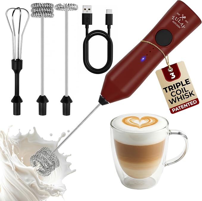 Zulay Kitchen Rechargeable Milk Frother Handheld - Frother Wand, Drink Mixer, Electric Whisk Frother, for Cappuccinos, Matcha & Protein Powder - Dynamic 3 Whisk, 3 Speed 500mAh Red Black