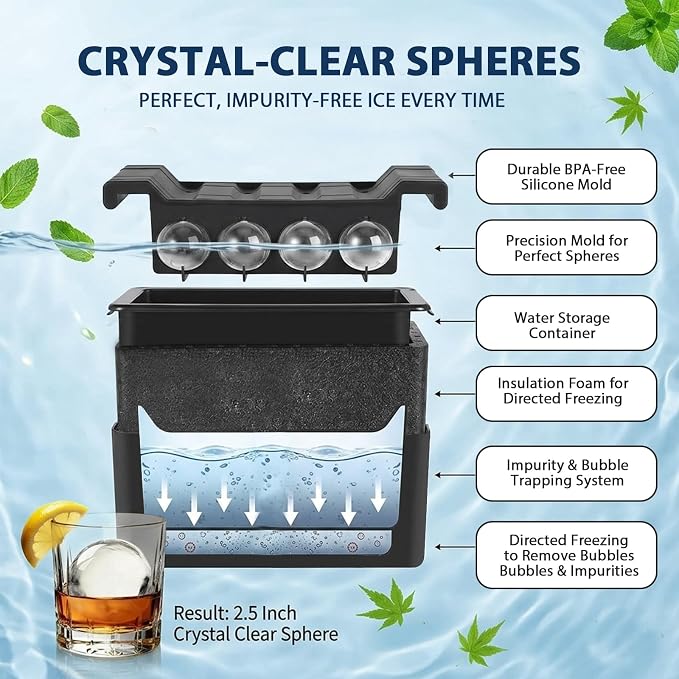MTUS Clear Round Ice Cube mold, Silicone Whiskey Ice Sphere Mold with Easy-Release Tray, 8 Cavity Large 2 Inch Ice Ball mold