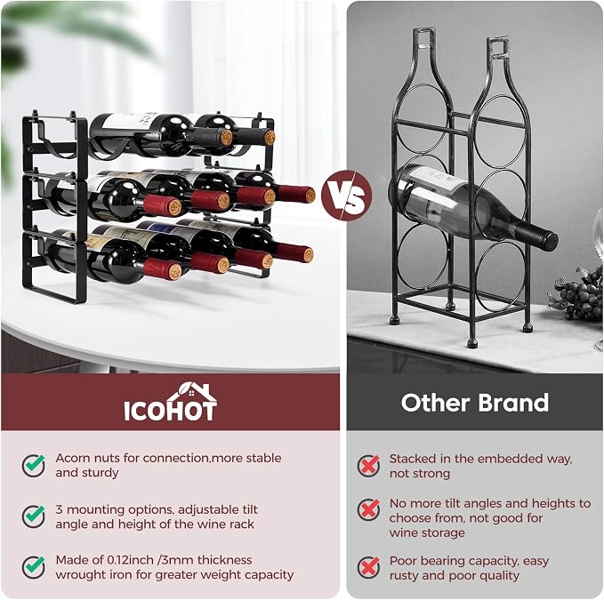 3 Tier Stackable Wine Rack Countertop, 12 Wine Bottle Holder for Cabinet | Small Tabletop Wine Holder Stand for Pantry Bar, Sturdy Wire Wine Bottle Rack Metal Wine Freestanding Storage Organizers