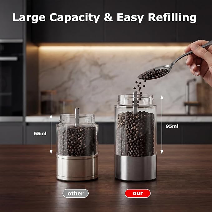 Bonsenkitchen Electric Salt and Pepper Grinder Set, 95ml Large Capacity, Clean Brush, Stainless Steel Adjustable Pepper Mill with LED for Kitchen, BBQ & Camping, Battery Powered (Not Included)