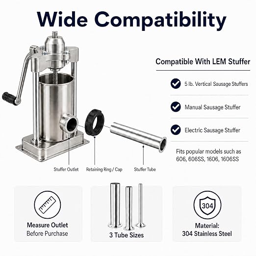3 Size Stainless Steel Sausage Stuffer Tubes Kit | Replacement Funnels for LEM Sausage Stuffers (Includes 3/4", 1/2", 3/8" Sizes)