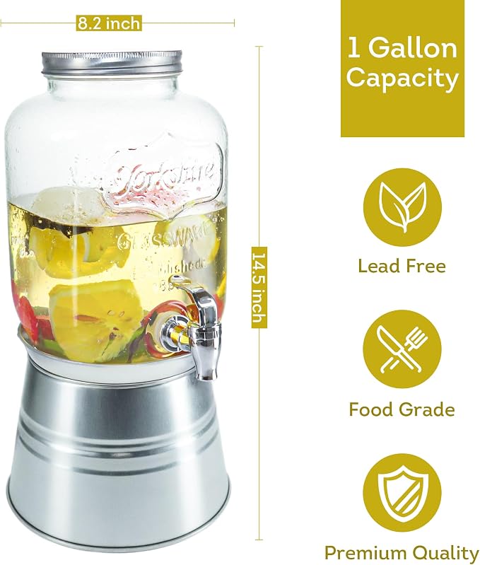Lily's Home Glass Beverage Dispenser With Stand – 1 Gallon Capacity - Easy-Use Spigot - Drink Dispenser for Parties/BBQs - Large Mouth for Ice/Fruits - Water Dispenser Countertop Use