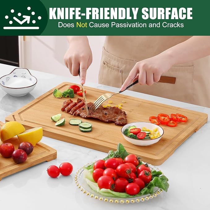 Homaxy Organic Bamboo Cutting Boards Set for Kitchen Set of 2 | Wooden Cutting Board Set with Juice Groove and Handles, Charcuterie Butcher Block Serving & Chopping Board, Pre Oiled