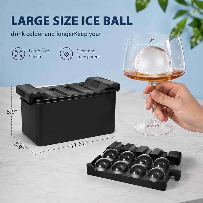 MTUS Clear Round Ice Cube mold, Silicone Whiskey Ice Sphere Mold with Easy-Release Tray, 8 Cavity Large 2 Inch Ice Ball mold