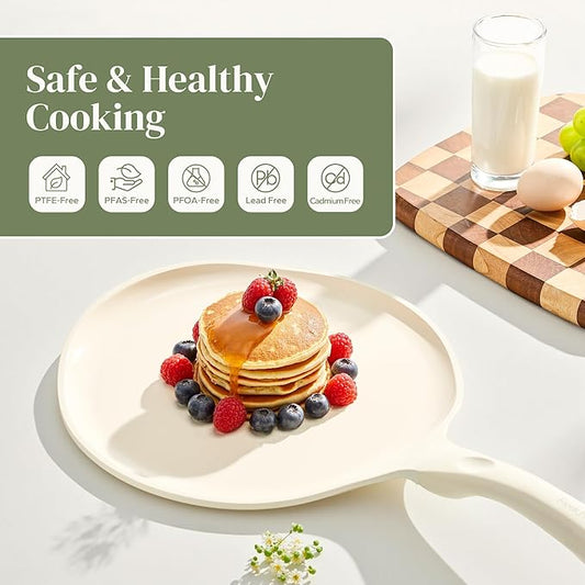 Redchef Nonstick Crepe Pan Nonstick 12 Inch with Ceramic Coating, Non Stick Flat Skillet, Professional Pancake Griddle Pan, Induction Compatible, PFAS/PFOA/PTFE Free, Stay-Cool Handle (Beige White)