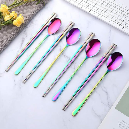 Buyer Star 4 Set Rainbow Square Chopsticks and Spoons Set Metal Stainless Steel Spoons Chopsticks Set
