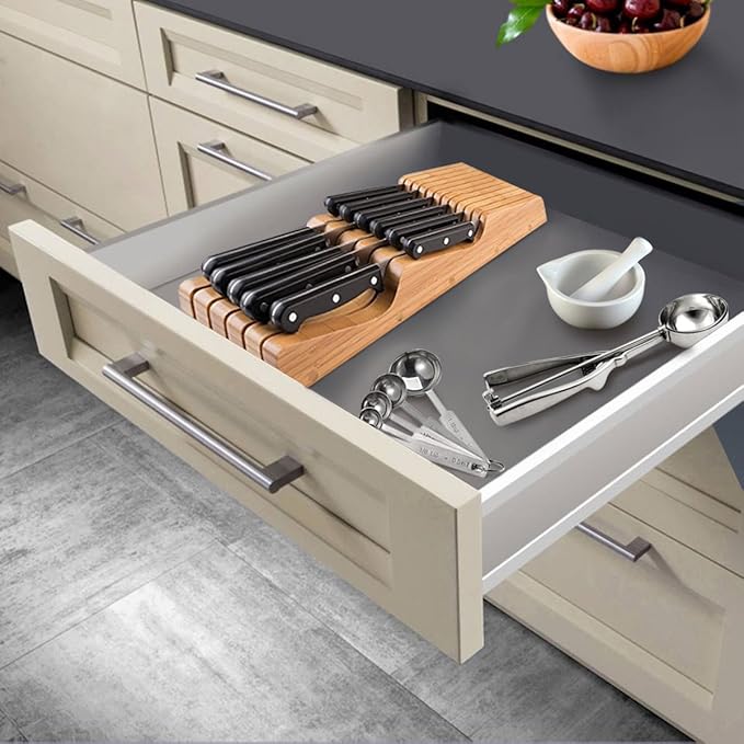 In-Drawer Knife Block - Bamboo Knife Drawer Organizer for Kitchen - Fits 5 Long + 6 Short Knives - Store Knives with Blades Pointing Down - Wooden Steak knife Holder without Knives - Chef Gift Idea
