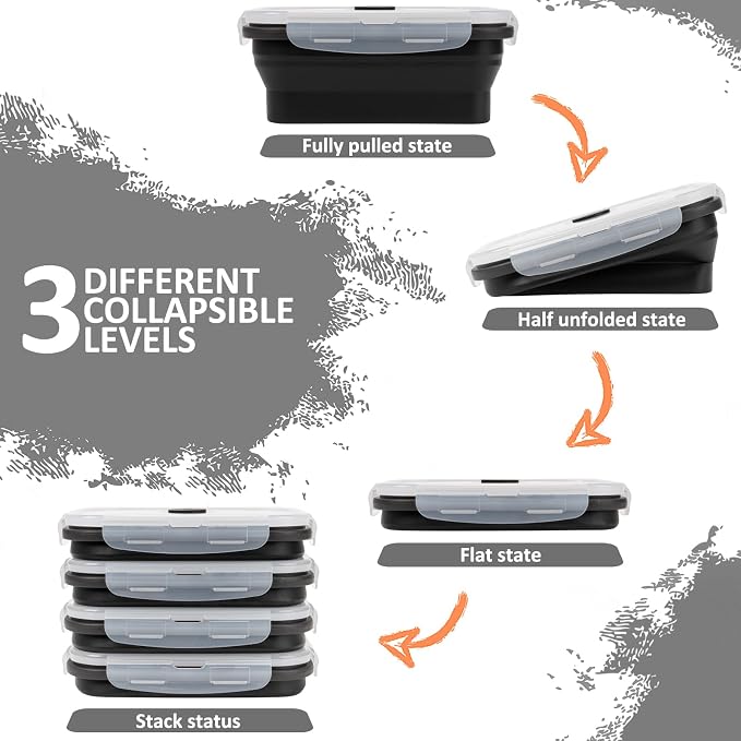 Collapsible Silicone Food Storage Containers Set with Lid & Air Vent,Foldable Lunch Containers(4PCS,Black,17oz)