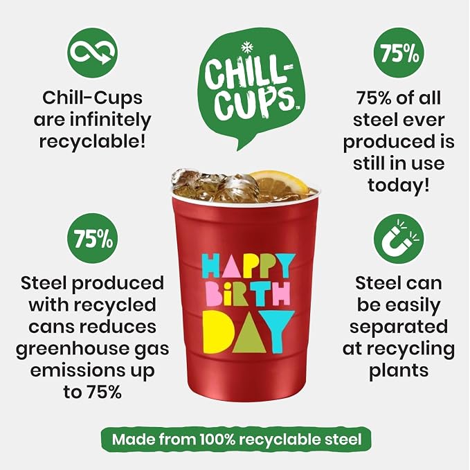 Steel Chill Cups 16 oz. Reusable Party Cups, Happy Birthday, 12 Count | Made in USA from Steel these durable cups chill fast & keep your drink cold for longer, 100% recyclable for sustainablity