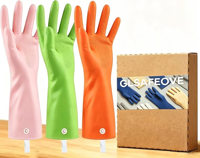 Cleaning Gloves with Hanging Loop, 3Prs Gloves for Washing Dishes | Nitrile Wash Gloves for Women, Latex free Reusable Household Gloves for Kitchen & Bathroom Cleaning, Colorful Size M