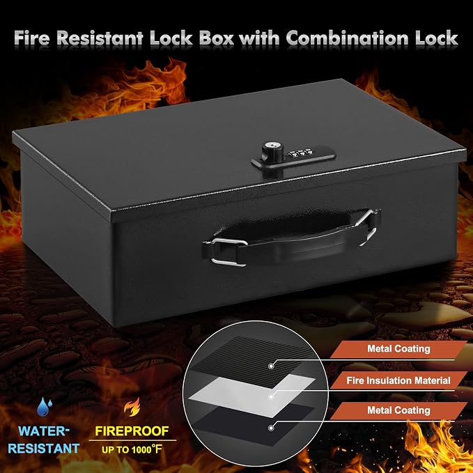 KYODOLED Fireproof Lock Box for Documents, Dual Combination and Key Lock Security with Carrying Handle, Metal Strong Safe Box to Keep Personal Items,Documents, Exterior 12.6" x 8.3" x 3.58", Black