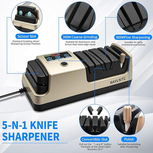 Professional 5-in-1 Electric Knife Sharpener with LCD Display,Scissor Sharpener with 3-Speed & 100% Diamond Abrasives - Precision Angle Guides for Straight, Serrated, Cleaver & Kitchen Scissors