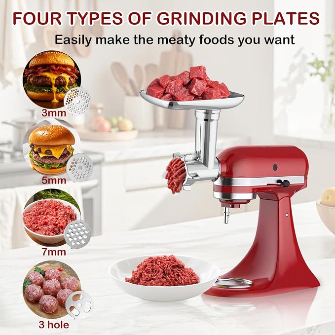 Meat Grinder & Slicer Shredder Attachments for KitchenAid Stand Mixer, Meat Grinder with 2 Size Sausage Stuffer Tubesand and 4 Types Slicer Shredder Combination Set for Mincing Meat/Chopping Food