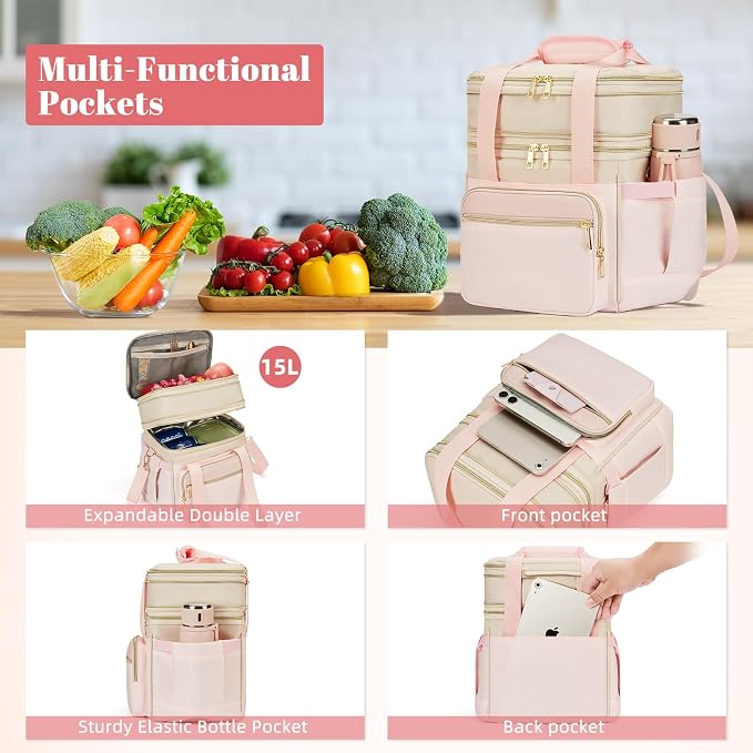 holuxer Insulated Lunch Bag & Lunch Box for Women - Double Deck Reusable Lunch Bag for men Tote Cooler Bag Leakproof Soft Expandable - Large Lunchbox for Work/Adult/Picnic/Outdoor (Pink，15L)
