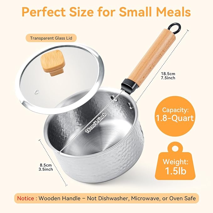 WANGYUANJI 1.8-Quart Stainless Steel Saucepan with Lid, Coating-Free Small Soup Pot, Hammered Finish, Induction Compatible, Tempered Glass Lid, Cool-Touch Wood Handle