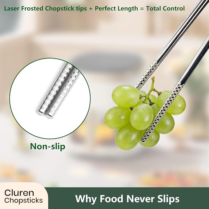 Premium 304 Stainless Steel Chopsticks Set (10 pair) - Reusable Metal Chopsticks with Laser Etching, Elegant Gift Box, Dishwasher Safe