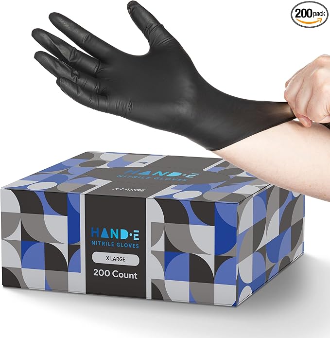 Hand-E Touch Black Nitrile Disposable Latex Free & Powder Free Gloves X-Large, 200 Count - BBQ, Tattoo, Hair Dye, Cooking & Mechanic Gloves