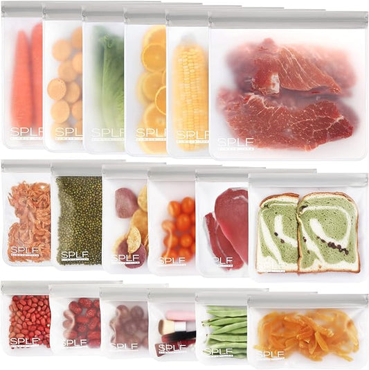 SPLF 18 Pack Reusable Food Storage Bags Dishwasher Safe | Extra Thick Reusable Freezer Bags Leakproof Silicone and Plastic Free Lunch Bag- 6 Gallon, 6 Sandwich, 6 Snack