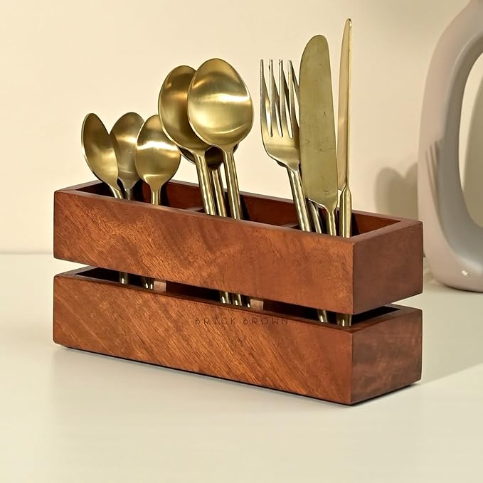 Brick Brown Premium Handcrafted 3-Partition Wooden Cutlery Holder Storage Spoon, Knife, Fork, Chopstick Caddy Self Organizer Stand for Home Kitchen Tableware Restaurant in Mahogany(9.1x3x3.9Inch)