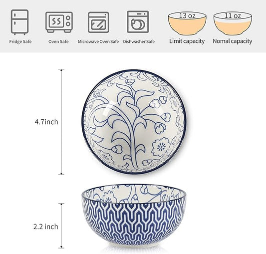 Selamica Ceramic 12 OZ Dessert Bowls Set, Ice Cream Bowls, 4.7 Inch Small Bowls for Snack, Side Dishes, Rice, Microwave Dishwasher Safe, Set of 6, Vintage Blue