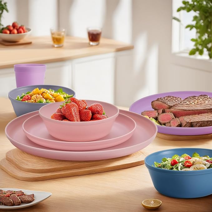 40 Piece Plastic Dinnerware Set for 8 with Cutlery, Unbreakable Plates and Bowls Set, Dishwasher & Microwave Safe Reusable Dish Set for Camping, RV, Outdoor Kitchen, Apartment Dining,Pastel Multicolo