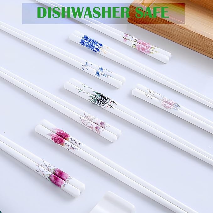 Porcelain Chopsticks, Green Bamboo,2 Pairs with Ceramic Holder | Reusable, Delicate Box,Dishwasher Safe, Chinese Japanese Korean Classic Stylish
