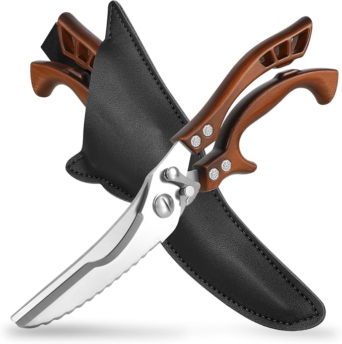 ANDONG Kitchen Scissors, Heavy Duty Professional Poultry Shears, Stainless Steel Spring Loaded, Dishwasher Safe, with Black Leather Sheath