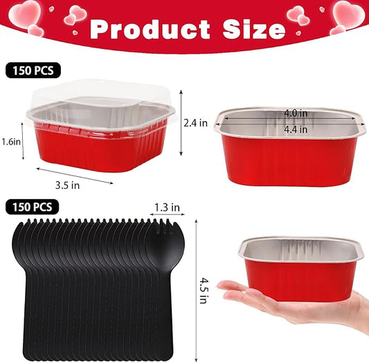 FORBFAN 10 oz Mini Disposable Cake Pans with Lids, 150 Pack Aluminum Foil Square Baking Cups with Spoons, Disposable Baking Cake Tins Red