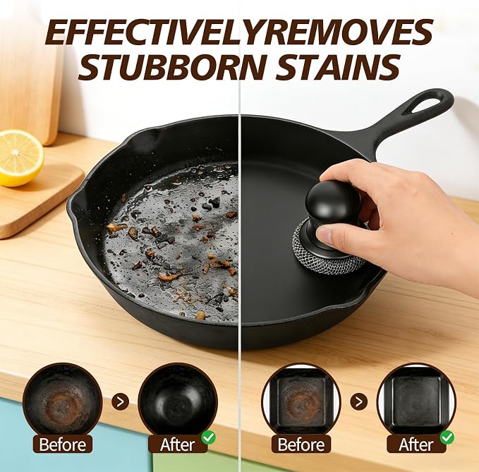 316 Upgraded Cast Iron Scrubber with Pan Scraper,Cast Iron Cleaner for Grill Pan Skillet Wok Carbon Steel,Ergonomic to Hold Easy to Use Dishwasher Safe ((Small Chain Mail))