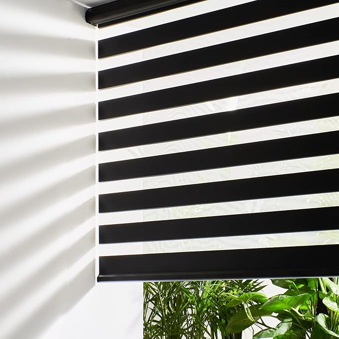 Persilux Cordless Zebra Blinds for Windows (34" W X 64" H, Black) Free-Stop Windows Shades Dual Layer Light Control for Day and Night, Light Filtering Sheer Shades for Home, Easy to Install