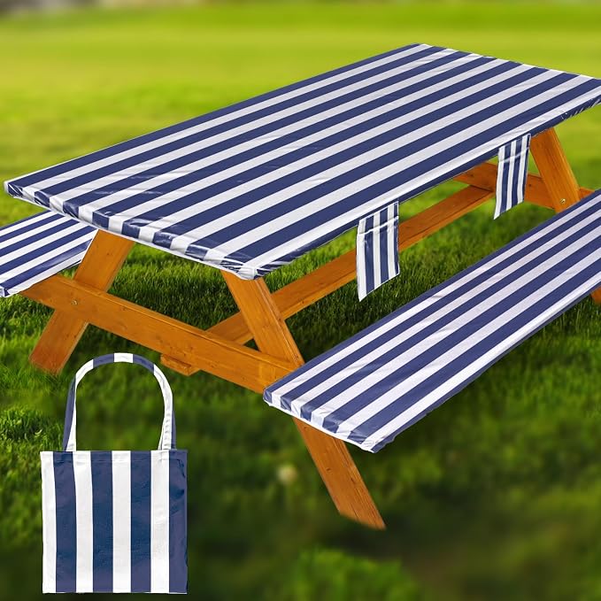 Fitted Picnic Table Cover with Bench Covers Waterproof Elastic Edges Rectangle Patio Tablecloth Outdoor Camping Essentials Stuff Rv Accessories Summer Trip Travel Supplies Party Camper Gifts, 6 ft