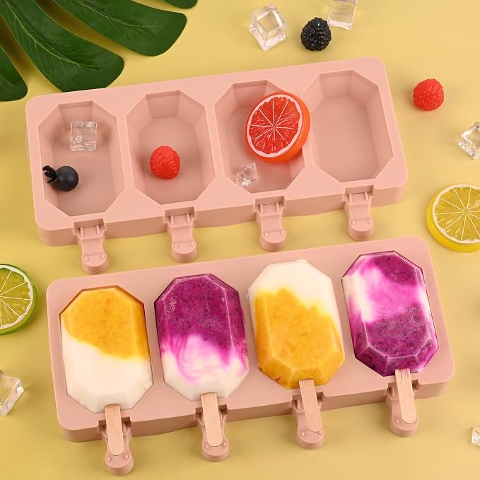 Popsicle Silicone Molds Set, 2 PCS Ice Cream Molds with 50 Wooden Sticks for Cake Pop, Ice Pop, Cakesicles (Octagon/Pink)
