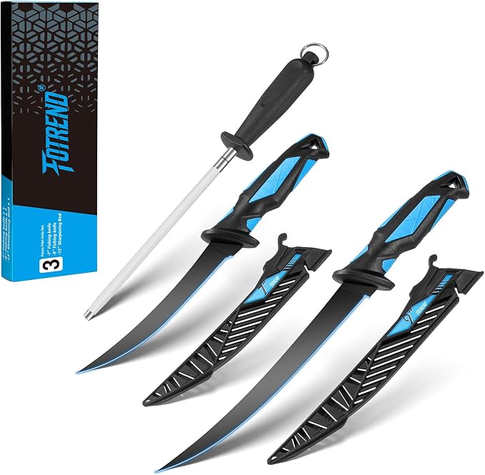 Fillet Knife Kit Combo,Fishing Gear and Gifts for Men | Fishing Knives with Sheath,and Honing Rod,Ultra-Sharp G4116 Blades,Corrosion-Resistant,Non-Slip Handle,Durable Storage Bag