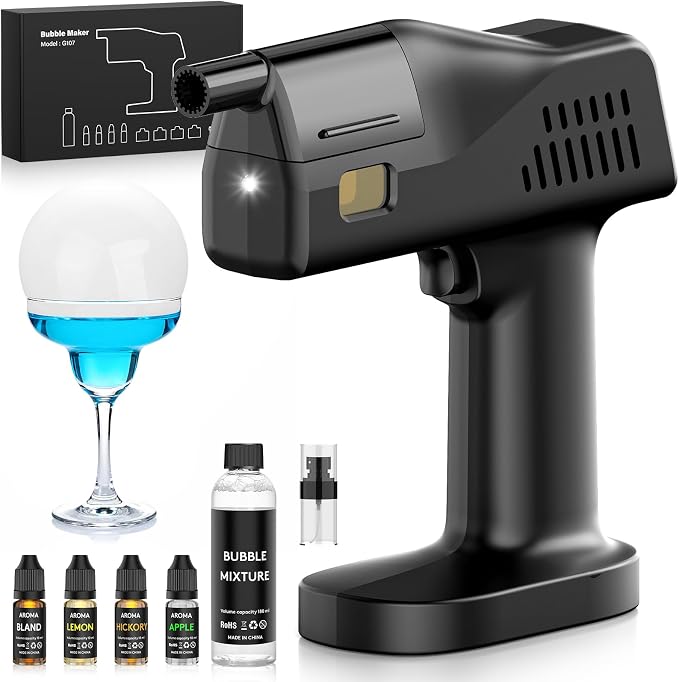 Electric Cocktail & Food Smoker Gun | Create Smoke & Edible Bubbles, 4 Aroma Oils, Color Screen, One-Touch Operation, Ideal Bartender Kit & Unique Gift for Men