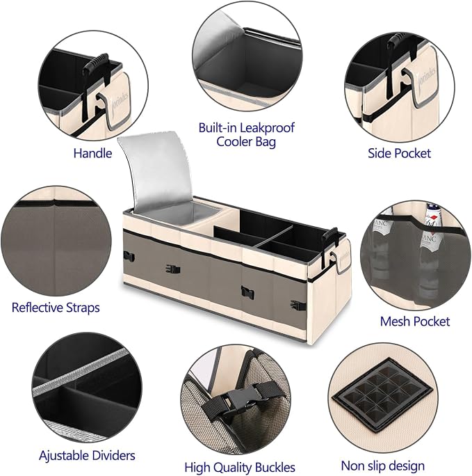 Trunk Organizer and Storage with Built-In Insulated Leak Proof Cooler Bag | Collapsible Cargo Organizer for SUV with Non Slip Strips, 3 Large Compartments Foldable Waterproof Portable Car Storage Box