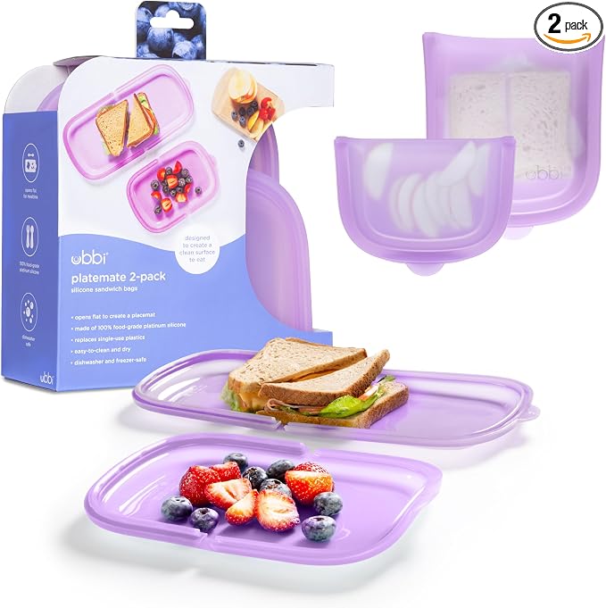 Ubbi Platemate Reusable Silicone Storage Bag, Smoothie Purple | Opens Flat as Placemat, Dishwasher & Freezer-Safe, Lunch Container, Leakproof Sandwich & Snack Bag, Easy to Clean, BPA-Free