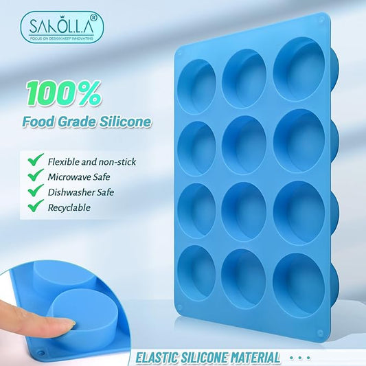 Sakolla 2 PCS Round Chocolate Cookie Molds, 12 Cavity Cylinder Silicone Molds for Chocolate Covered Oreos, Cake, Candy, Pudding, Mini Soap (Rose Red + Blue)