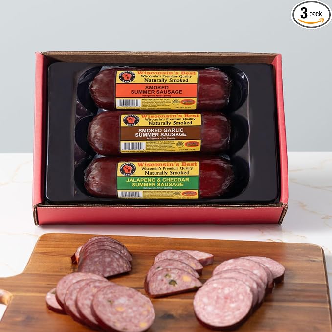 Wisconsin’s Best Summer Sausage Gift Box – Naturally Smoked Sausage 3 Flavor Assortment (Original, Jalapeño Cheddar & Garlic) – Made in Wisconsin – Charcuterie Board Gift Set – 12 oz Each