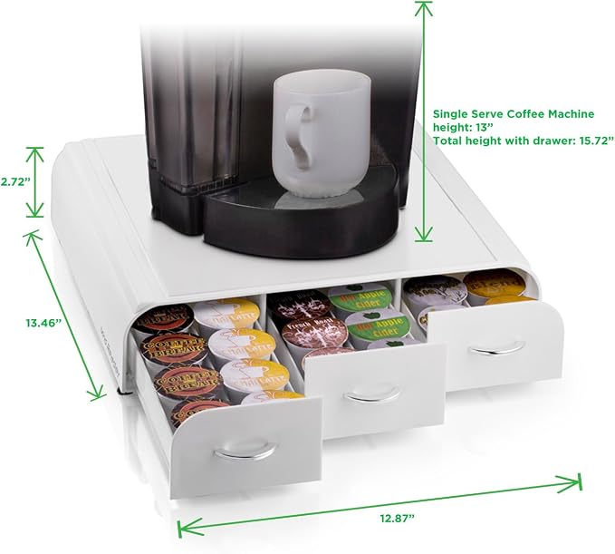 Mind Reader Single Serve Coffee Pod Organizer with 3 Drawers, 36 Pod Capacity, Countertop, 12.25"L x 13.5"W x 2.5"H, White (Pack of 8)