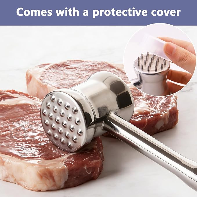 Dual-Sided 2-in-1 Stainless Steel Meat Tenderizer Tool, Meat Mallet Hammer with Meat Tenderizer Needles, Professional Kitchen Tool for Tenderizing Steak, Chicken and Beef, Easy-Grip Easy to Clean