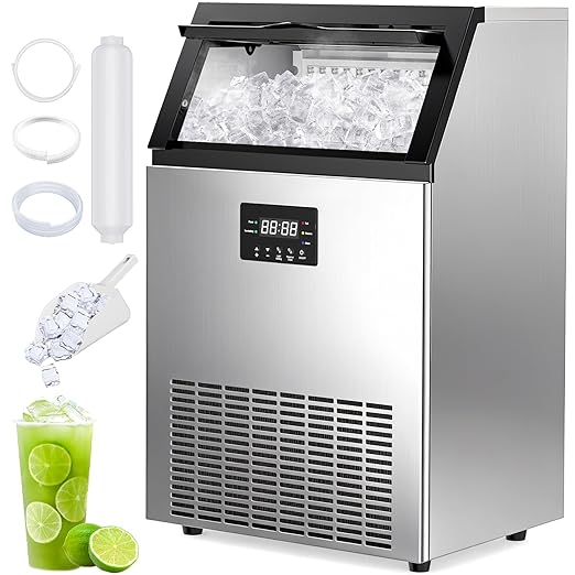 Commercial Ice Maker Machine - 200 Lbs/24H, Commercial Ice Machine with 50 LBS Storage Bin, Under Counter or Freestanding Ice Maker, 55 Ice Cubes in 5-15 min, Thicknesses Adjustable, Stainless Steel