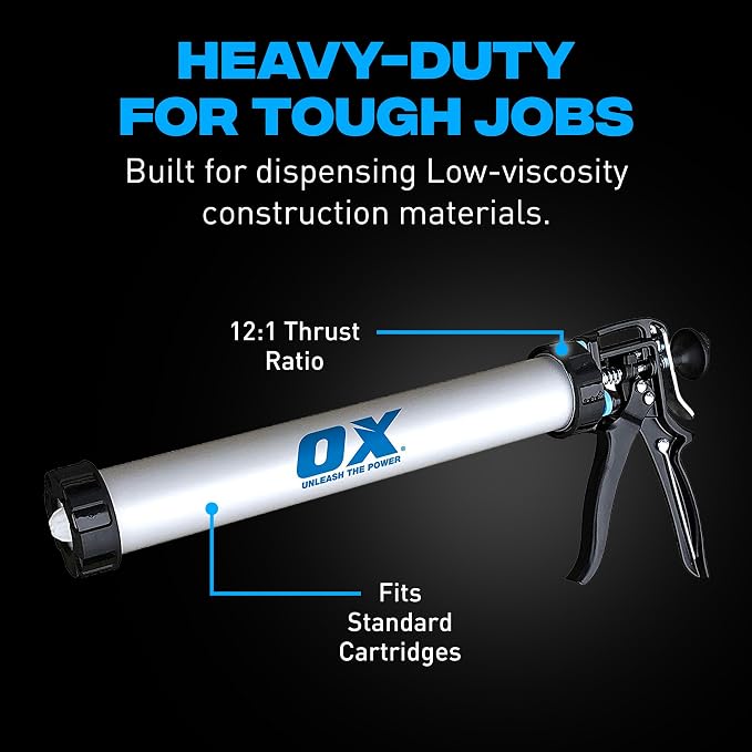 OX Pro Sausage Caulking Gun - 20 oz - 12:1 Thrust Ratio | Heavy duty dual-use sealant gun, standard tube and sausage pack compatible, tool-free conversion, integrated cartridge cutter