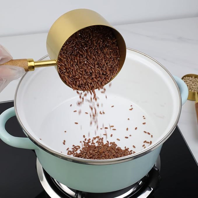 1 Cup Stainless Steel Measuring Cup with Wooden Handle, 250ml | Gold Measuring Scoop, 250ml Measuring Spoon, For Baking, Cooking, Wet and Dry Ingredients